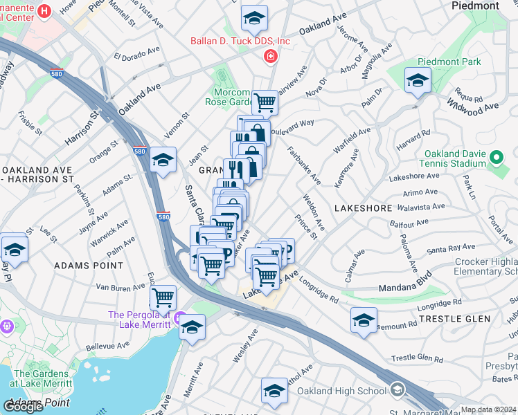map of restaurants, bars, coffee shops, grocery stores, and more near 3602 Grand Avenue in Oakland