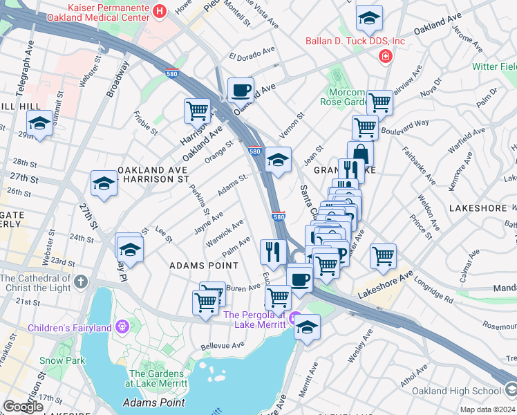 map of restaurants, bars, coffee shops, grocery stores, and more near 273 MacArthur Boulevard in Oakland