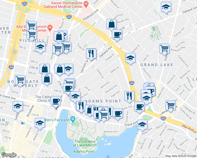 map of restaurants, bars, coffee shops, grocery stores, and more near in Oakland