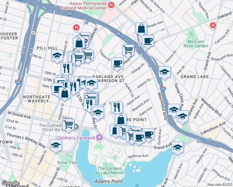map of restaurants, bars, coffee shops, grocery stores, and more near 216 Orange Street in Oakland