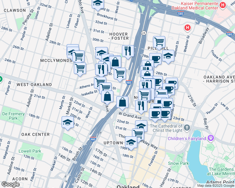 map of restaurants, bars, coffee shops, grocery stores, and more near 660 25th Street in Oakland