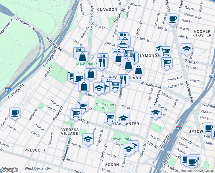 map of restaurants, bars, coffee shops, grocery stores, and more near 1200 21st Street in Oakland