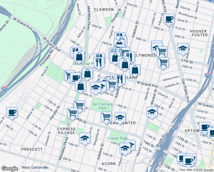 map of restaurants, bars, coffee shops, grocery stores, and more near 1940 Union Street in Oakland