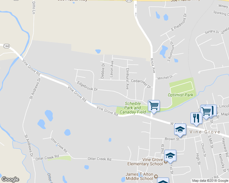 map of restaurants, bars, coffee shops, grocery stores, and more near 816 Edgebrook Drive in Vine Grove