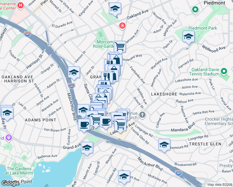 map of restaurants, bars, coffee shops, grocery stores, and more near 832 Walker Avenue in Oakland