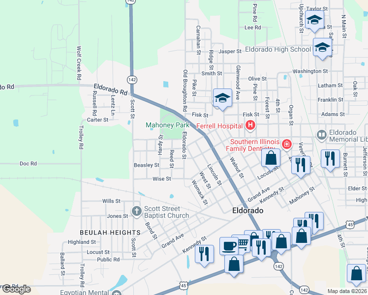 map of restaurants, bars, coffee shops, grocery stores, and more near 1600 Eldorado Street in Eldorado