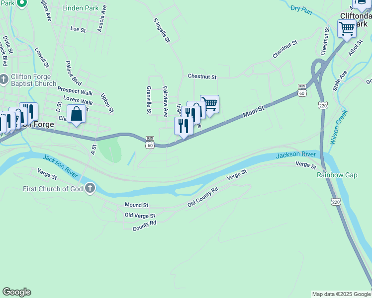 map of restaurants, bars, coffee shops, grocery stores, and more near Camden Street in Clifton Forge