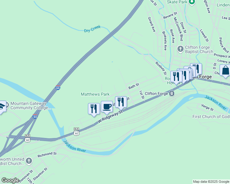 map of restaurants, bars, coffee shops, grocery stores, and more near 300 Bath Street in Clifton Forge