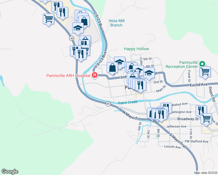 map of restaurants, bars, coffee shops, grocery stores, and more near 2nd St & West St in Paintsville