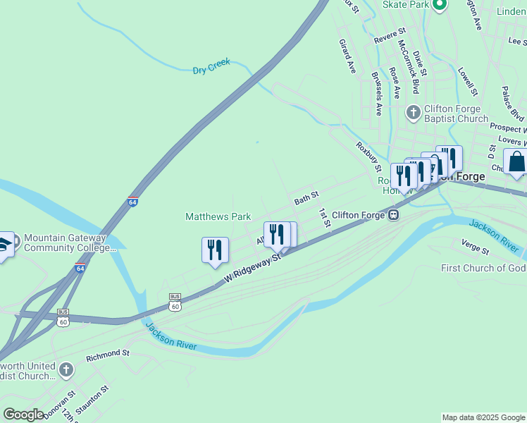 map of restaurants, bars, coffee shops, grocery stores, and more near 300 Bath Street in Clifton Forge
