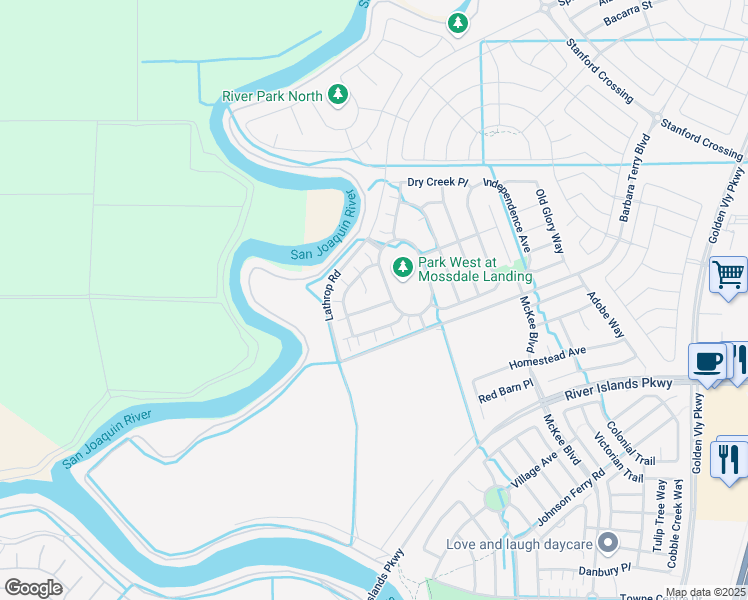 map of restaurants, bars, coffee shops, grocery stores, and more near 16144 Sweetwater Court in Lathrop
