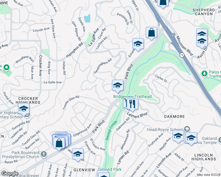 map of restaurants, bars, coffee shops, grocery stores, and more near 9 Wyngaard Avenue in Piedmont