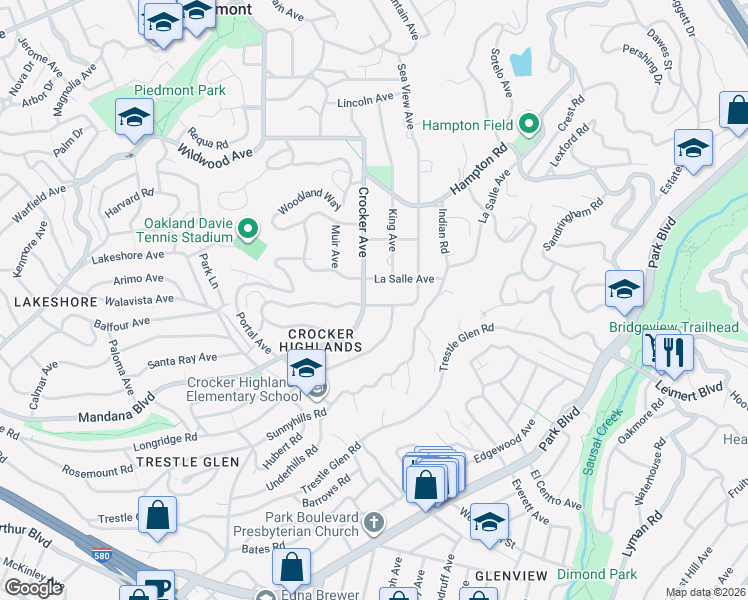 map of restaurants, bars, coffee shops, grocery stores, and more near 150 La Salle Avenue in Piedmont