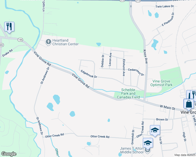 map of restaurants, bars, coffee shops, grocery stores, and more near 834 Edgebrook Drive in Vine Grove