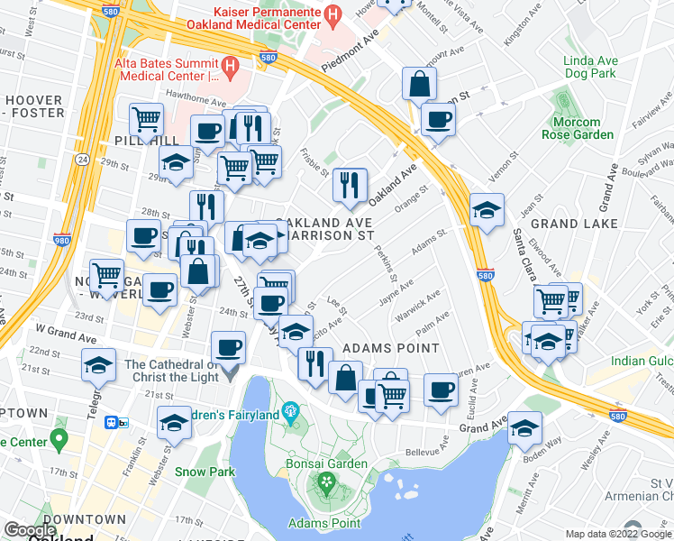 map of restaurants, bars, coffee shops, grocery stores, and more near 271 Vernon Street in Oakland