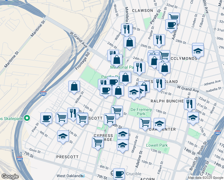 map of restaurants, bars, coffee shops, grocery stores, and more near 1832 Peralta Street in Oakland