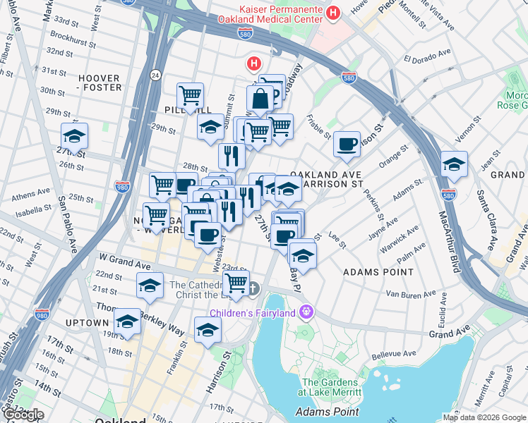 map of restaurants, bars, coffee shops, grocery stores, and more near 296 27th Street in Oakland