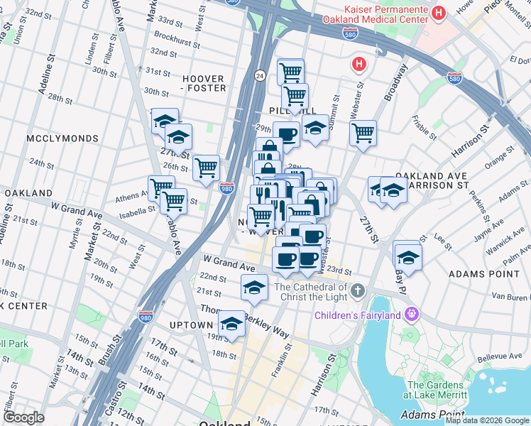 map of restaurants, bars, coffee shops, grocery stores, and more near 2505 Telegraph Avenue in Oakland