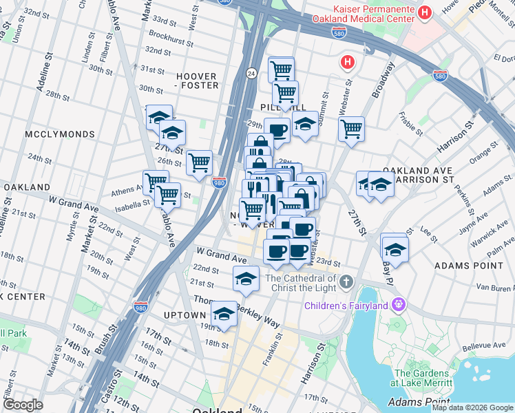 map of restaurants, bars, coffee shops, grocery stores, and more near 2505 Telegraph Avenue in Oakland