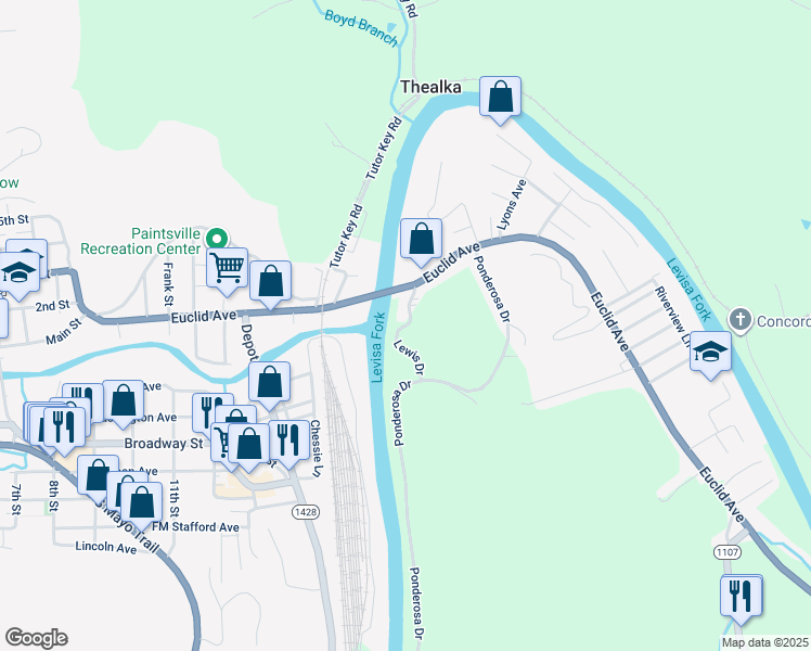 map of restaurants, bars, coffee shops, grocery stores, and more near Lewis Drive in Paintsville