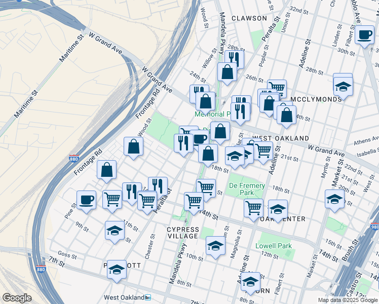 map of restaurants, bars, coffee shops, grocery stores, and more near 1809 Peralta Street in Oakland