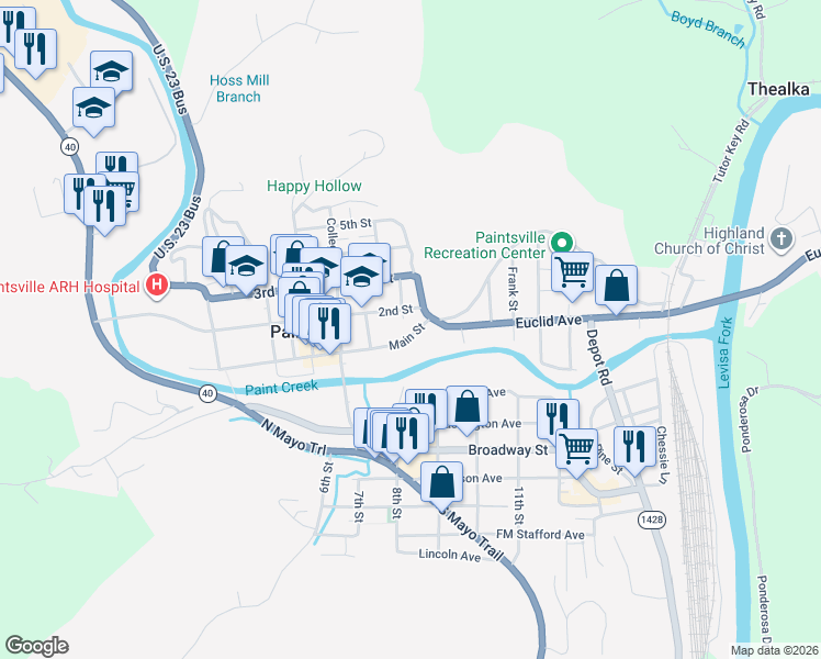 map of restaurants, bars, coffee shops, grocery stores, and more near 104 2nd Street in Paintsville