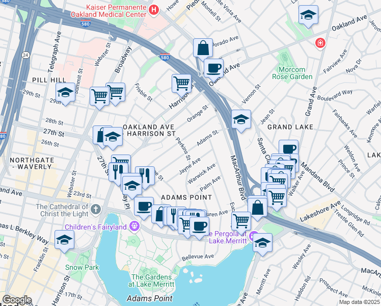 map of restaurants, bars, coffee shops, grocery stores, and more near 350 Adams Street in Oakland
