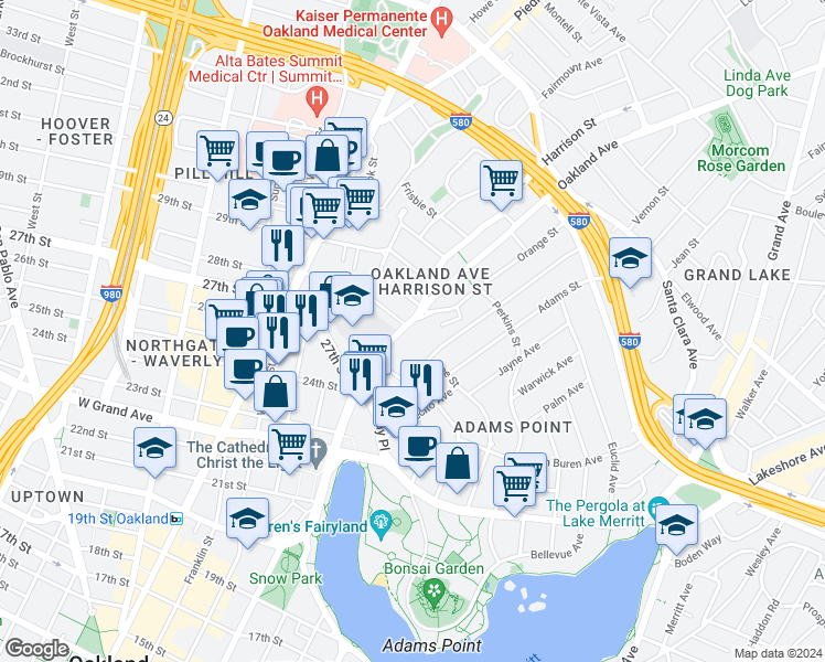 map of restaurants, bars, coffee shops, grocery stores, and more near 2704 Harrison St in Oakland