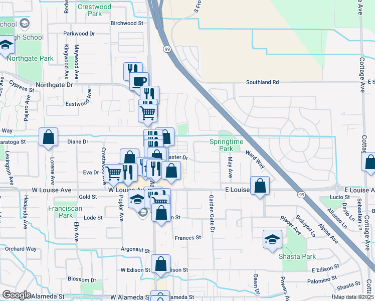 map of restaurants, bars, coffee shops, grocery stores, and more near 316 March Drive in Manteca