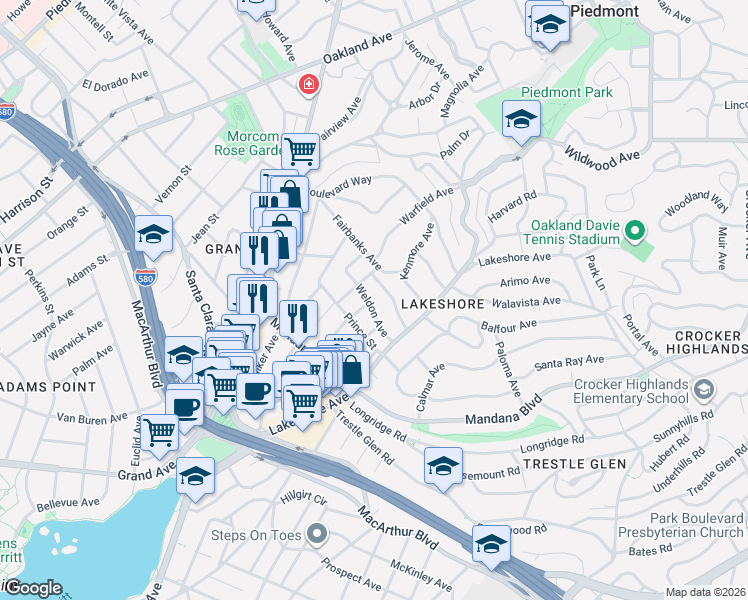 map of restaurants, bars, coffee shops, grocery stores, and more near 541 Rosal Avenue in Oakland