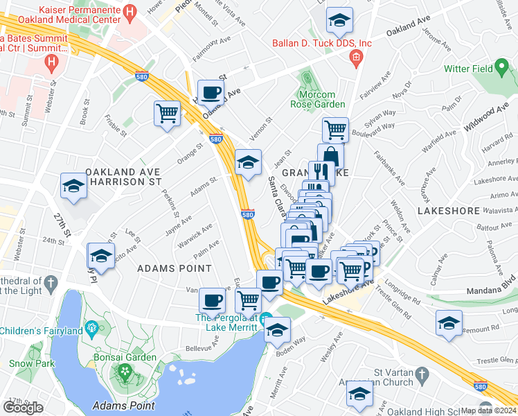 map of restaurants, bars, coffee shops, grocery stores, and more near 478 Jean Street in Oakland