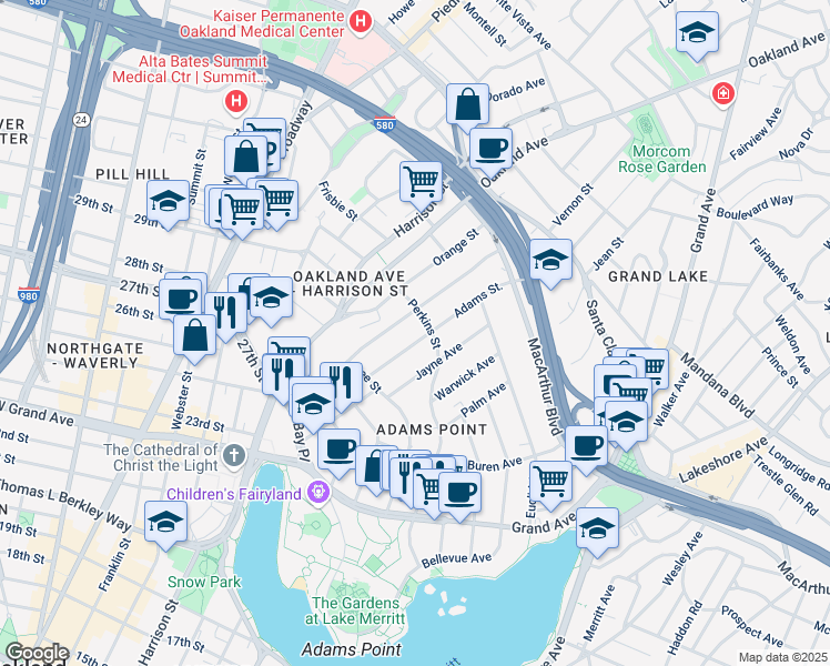map of restaurants, bars, coffee shops, grocery stores, and more near 201 Perkins Street in Oakland