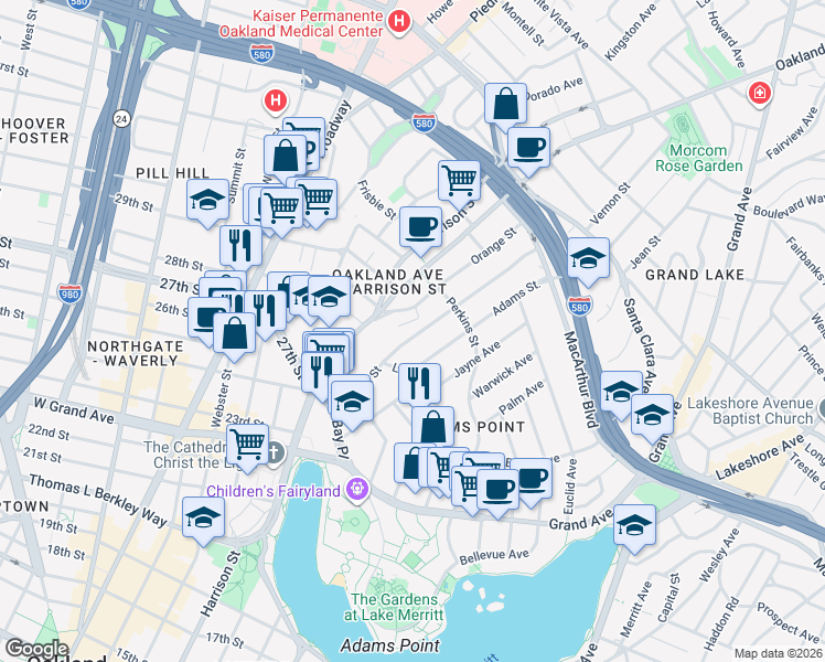 map of restaurants, bars, coffee shops, grocery stores, and more near 216 Orange Street in Oakland