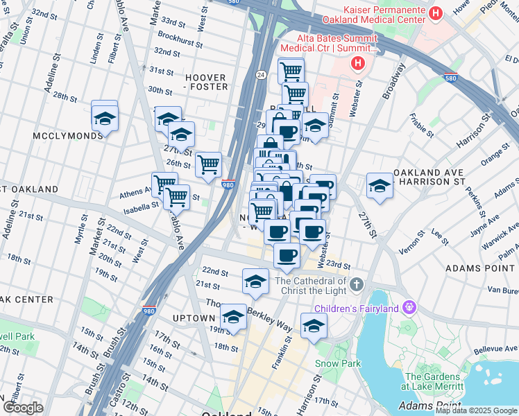 map of restaurants, bars, coffee shops, grocery stores, and more near 541 Sycamore Street in Oakland