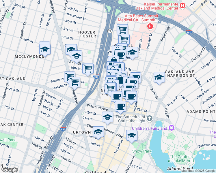 map of restaurants, bars, coffee shops, grocery stores, and more near 541 Sycamore Street in Oakland
