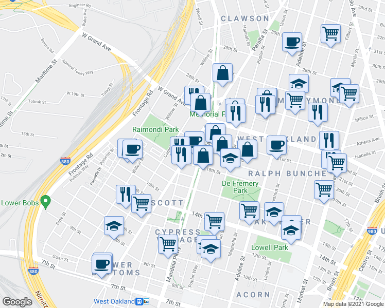 map of restaurants, bars, coffee shops, grocery stores, and more near 1933 Peralta Street in Oakland