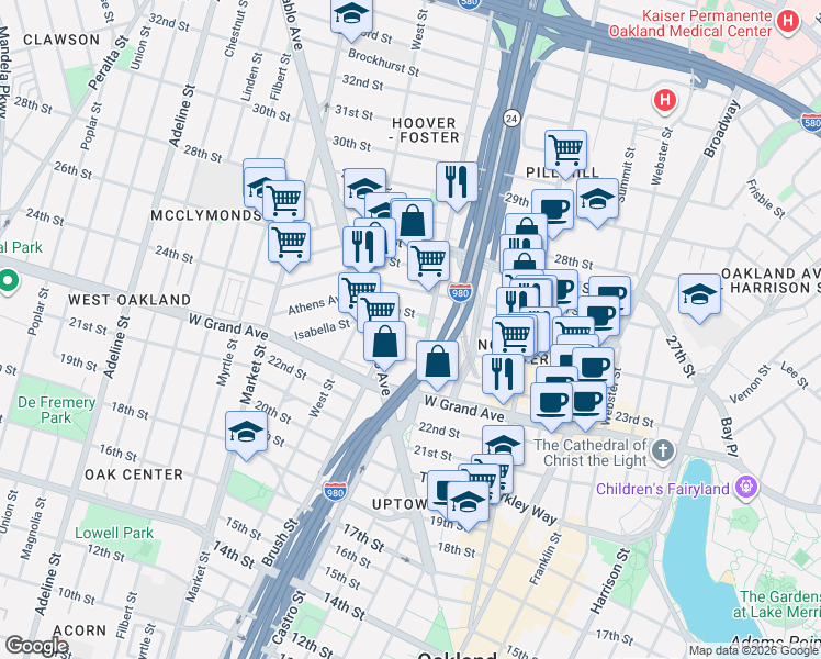 map of restaurants, bars, coffee shops, grocery stores, and more near in Oakland