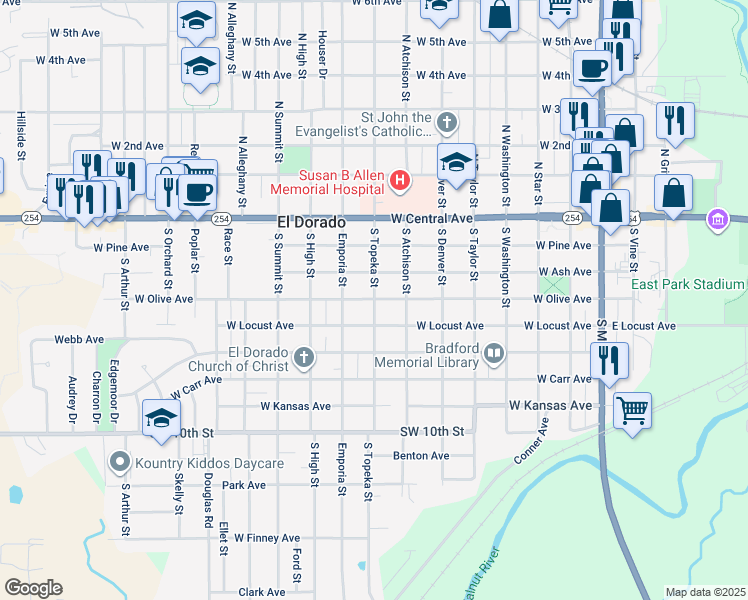 map of restaurants, bars, coffee shops, grocery stores, and more near 399 South Topeka Street in El Dorado