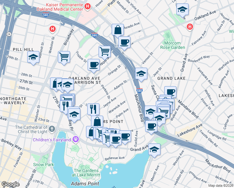 map of restaurants, bars, coffee shops, grocery stores, and more near 385 Jayne Avenue in Oakland