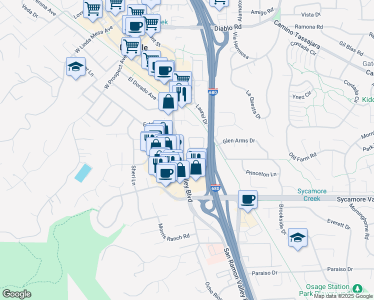 map of restaurants, bars, coffee shops, grocery stores, and more near 652 Hartley Drive in Danville