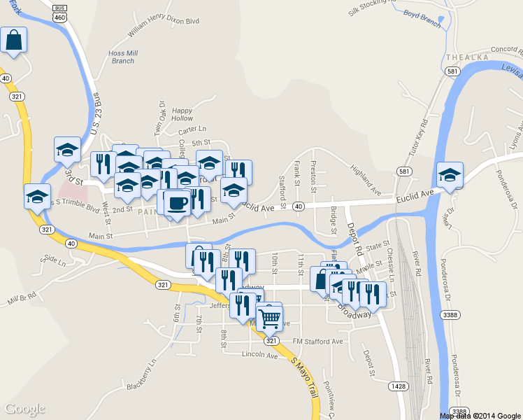 map of restaurants, bars, coffee shops, grocery stores, and more near 141 Euclid Ave in Paintsville