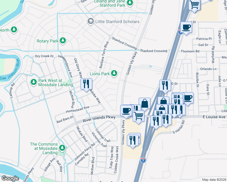 map of restaurants, bars, coffee shops, grocery stores, and more near 16080 Barbara Terry Boulevard in Lathrop