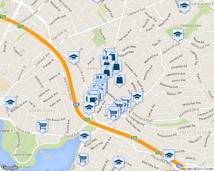 map of restaurants, bars, coffee shops, grocery stores, and more near in Oakland