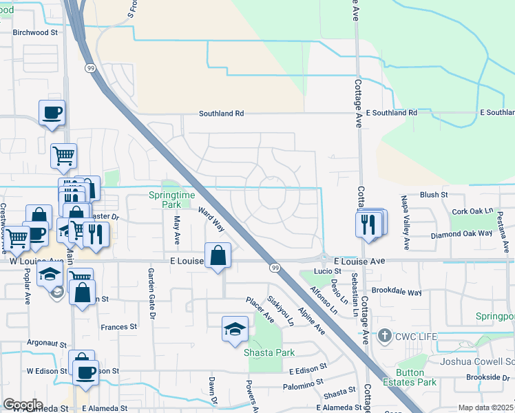 map of restaurants, bars, coffee shops, grocery stores, and more near 1255 Parkcrest Circle in Manteca