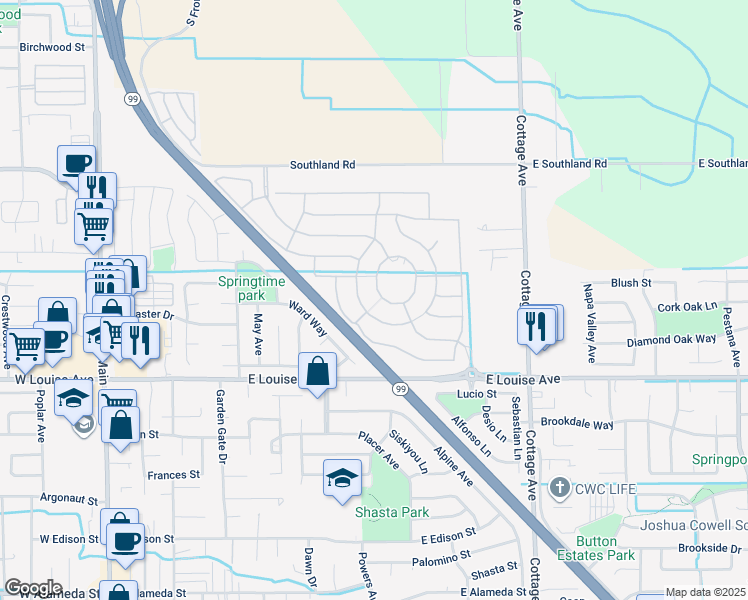 map of restaurants, bars, coffee shops, grocery stores, and more near 1255 Parkcrest Circle in Manteca
