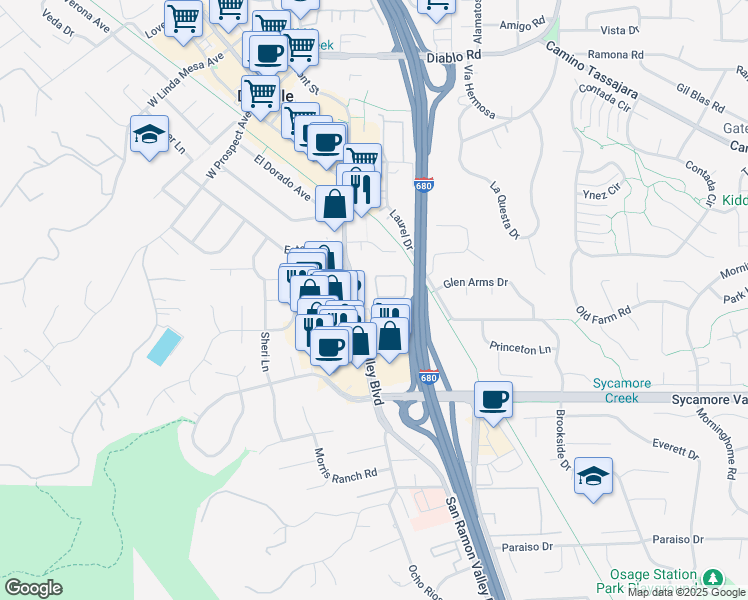 map of restaurants, bars, coffee shops, grocery stores, and more near 652 Hartley Drive in Danville