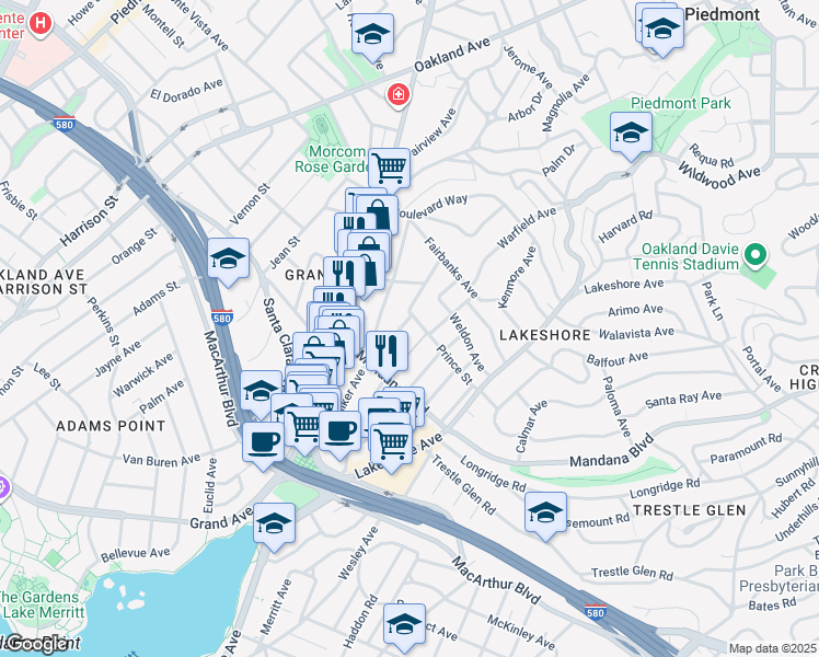 map of restaurants, bars, coffee shops, grocery stores, and more near 888 Vermont Street in Oakland