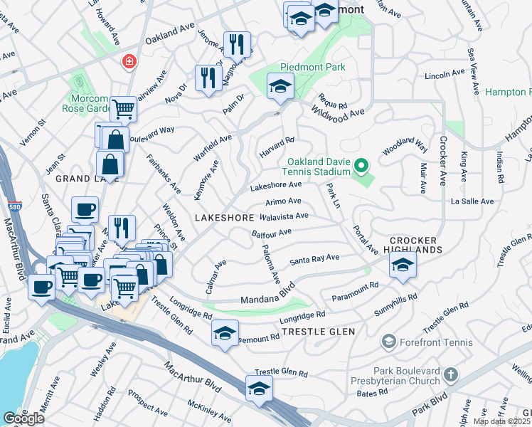 map of restaurants, bars, coffee shops, grocery stores, and more near 678 Walavista Avenue in Oakland