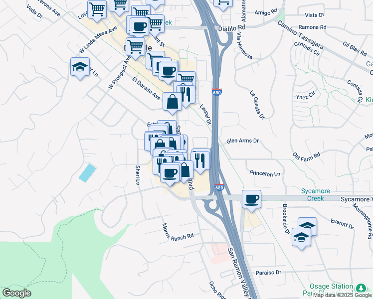 map of restaurants, bars, coffee shops, grocery stores, and more near 591-593 San Ramon Valley Boulevard in Danville