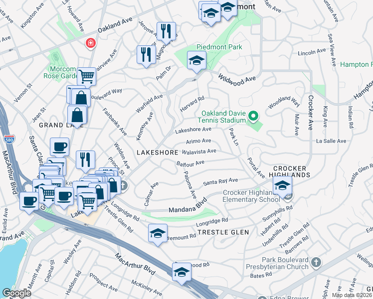 map of restaurants, bars, coffee shops, grocery stores, and more near 678 Walavista Avenue in Oakland